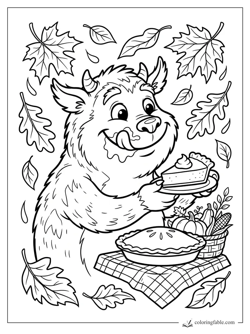Cute furry monster licking pie beside pumpkins, corn, picnic cloth, and falling autumn leaves
