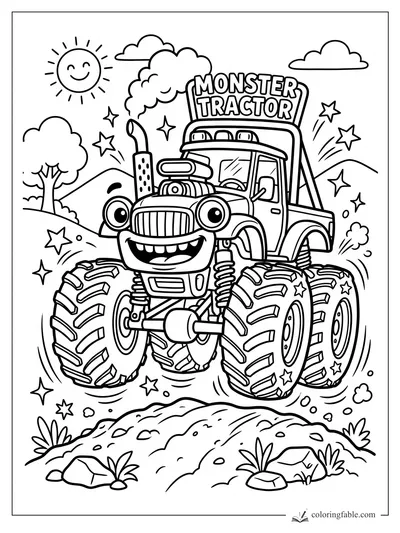 Cartoon monster tractor with huge tires, star decals, smoke stack, smiling sun, clouds, and dirt mound.