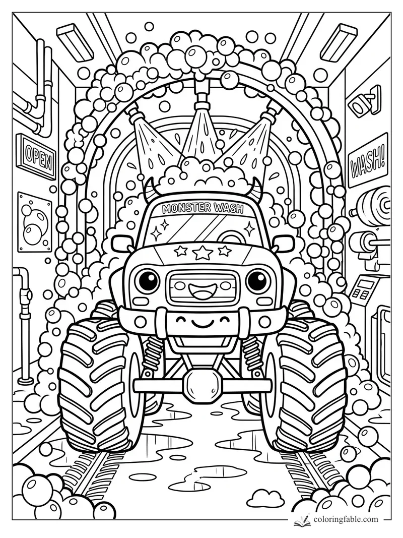 Kawaii monster truck smiling under sprayers and bubbles inside a monster wash bay.