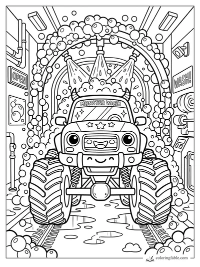 Kawaii monster truck smiling under sprayers and bubbles inside a monster wash bay.