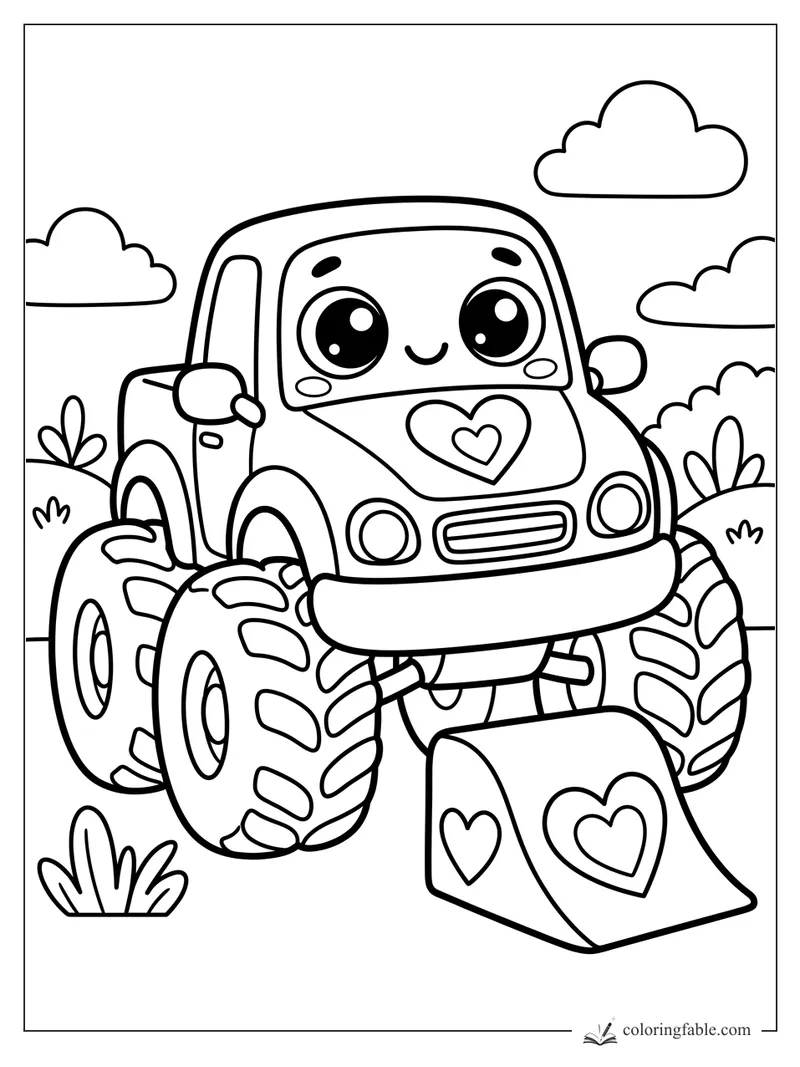 Kawaii monster truck with big tires, heart hood, and heart ramp in a cloudy field