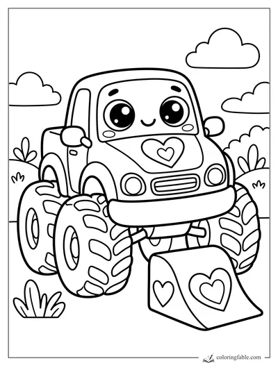 Kawaii monster truck with big tires, heart hood, and heart ramp in a cloudy field