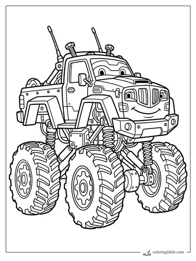 Cartoon monster truck with a smiling grille, huge treaded tires, springs, antennas, and roof bolts.