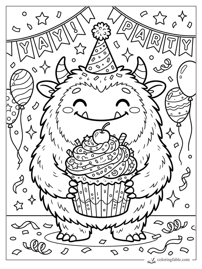 Kawaii furry monster in a party hat holding a giant cupcake under Yay Party banners