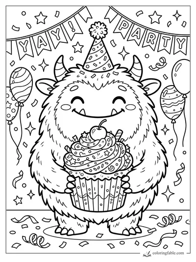 Kawaii furry monster in a party hat holding a giant cupcake under Yay Party banners