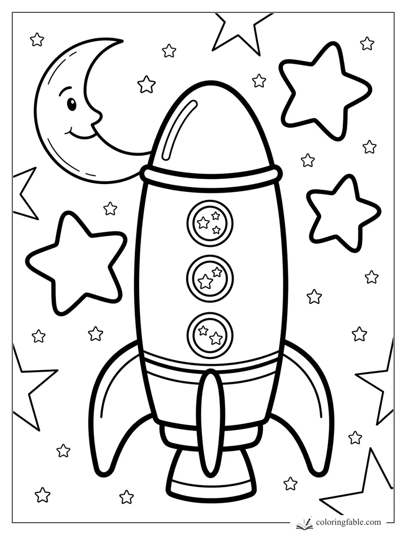 Bold easy rocket coloring page with a smiling crescent moon, round star windows, and big stars