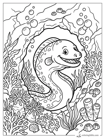 Cartoon moray eel smiling from a rocky coral cave with bubbles, sea anemones, shells, and tube sponges