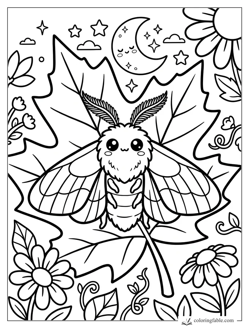 Kawaii moth with fuzzy antennae on maple leaves under a crescent moon, stars, clouds, and flowers
