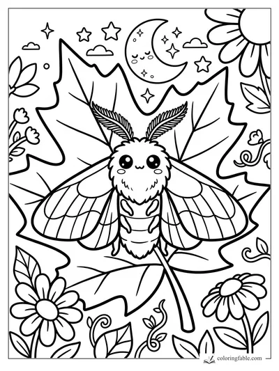 Kawaii moth with fuzzy antennae on maple leaves under a crescent moon, stars, clouds, and flowers