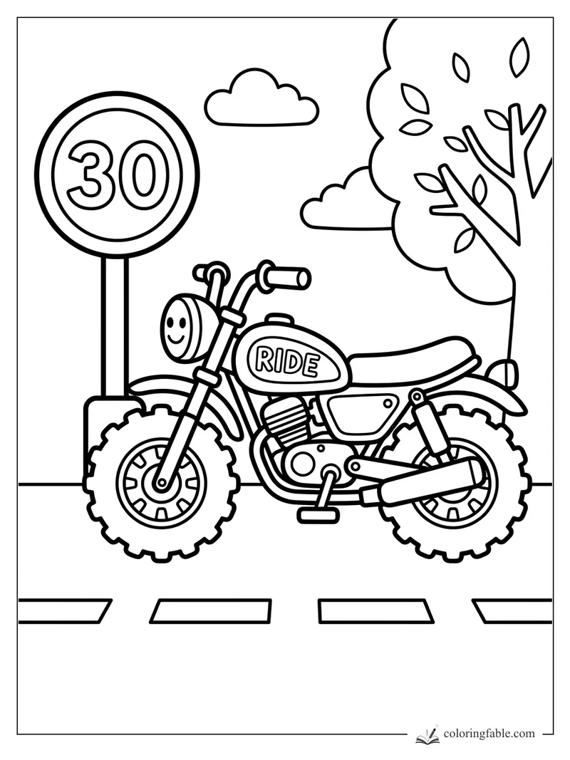 Easy motorcycle coloring page with smiling headlight, RIDE tank, 30 sign, tree, clouds, and road stripes.
