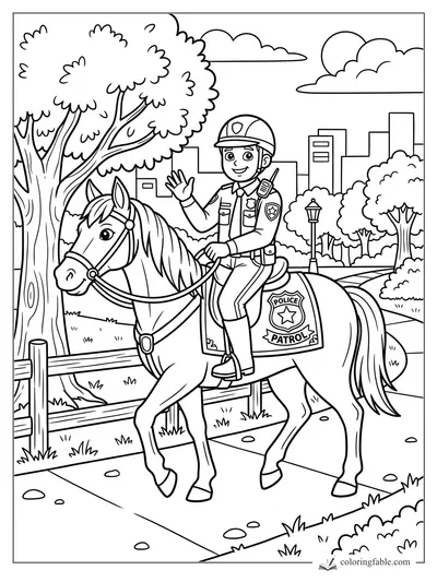 Cartoon police officer waving from a patrol horse in a city park with trees, fence, and skyline