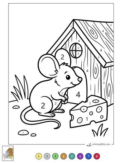 Smiling Mouse Beside a Cheese Wedge House — color by number
