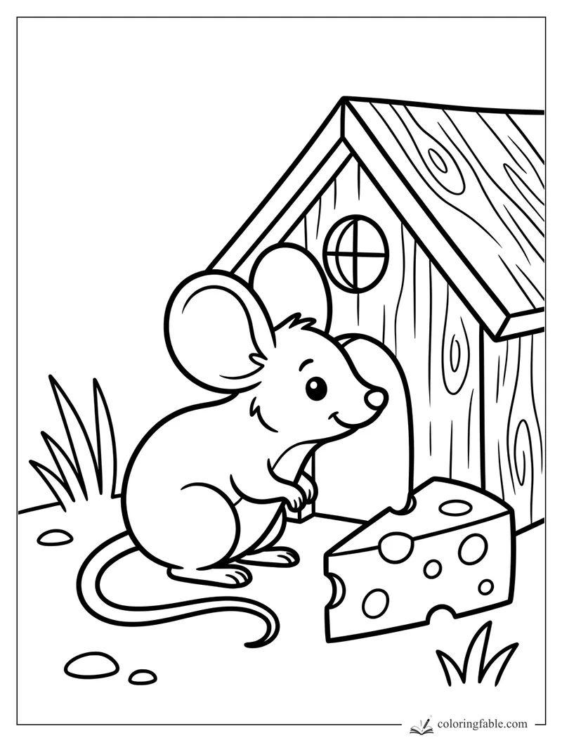 Cartoon pet mouse smiling by a wooden little house, cheese wedge, grass, and pebbles coloring page