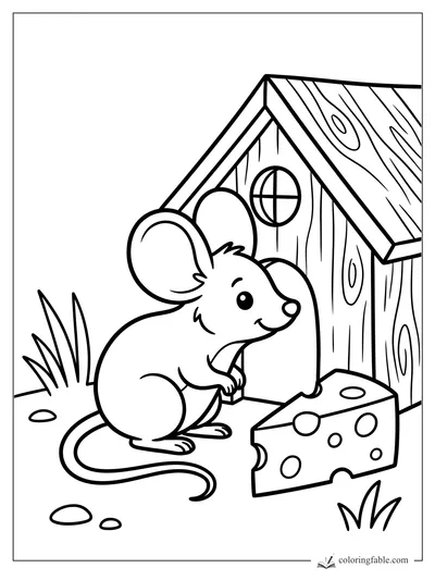 Cartoon pet mouse smiling by a wooden little house, cheese wedge, grass, and pebbles coloring page