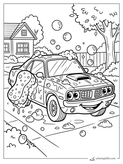 Cartoon muscle car smiling during a driveway car wash with sponge, soap bubbles, house, fence, and tree