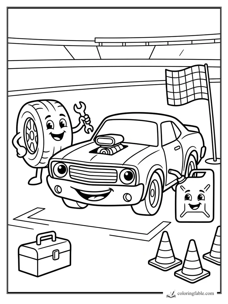 Cartoon muscle car at a track pit stop with a tire holding a wrench, gas can, cones, toolbox, and checkered flag.