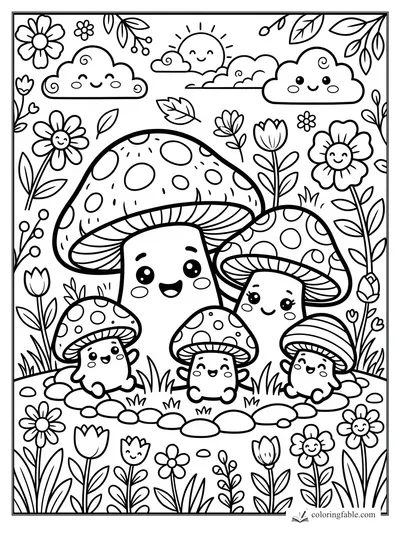 Kawaii mushroom family with spotted caps, flowers, smiling clouds, and sun in a meadow coloring page