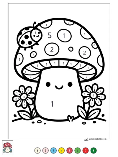 Smiling Mushroom With Ladybug and Daisies — color by number