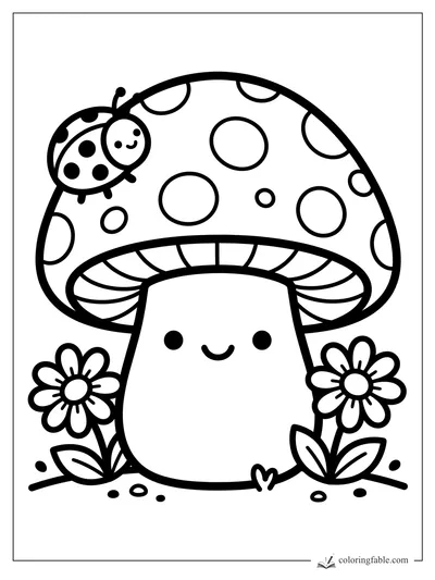 Kawaii spotted mushroom with a smiling ladybug on its cap and daisies at the base
