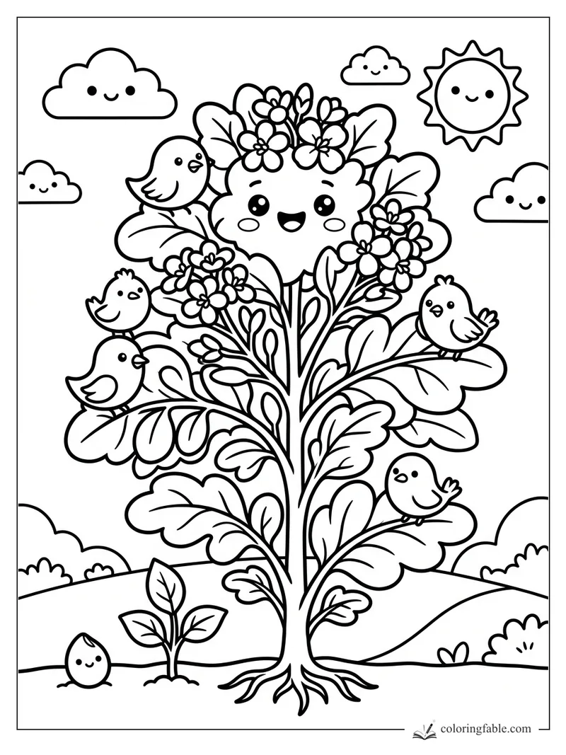 Kawaii mustard tree with smiling flowers, perched birds, rolling hills, sun, and clouds coloring page