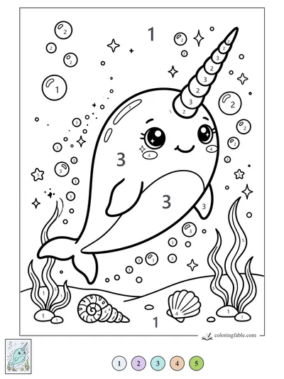 Smiling Narwhal Whale in a Bubbly Seafloor — color by number