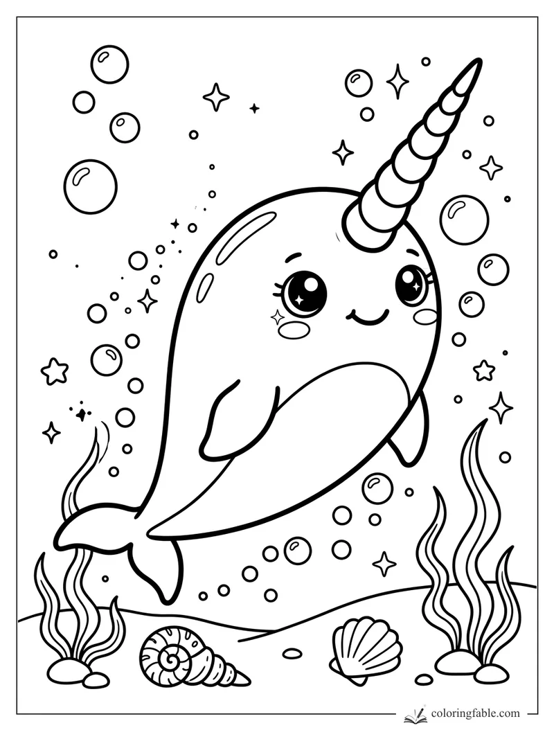 Kawaii narwhal whale with spiral horn, bubbles, seaweed, shells, and sparkling stars.