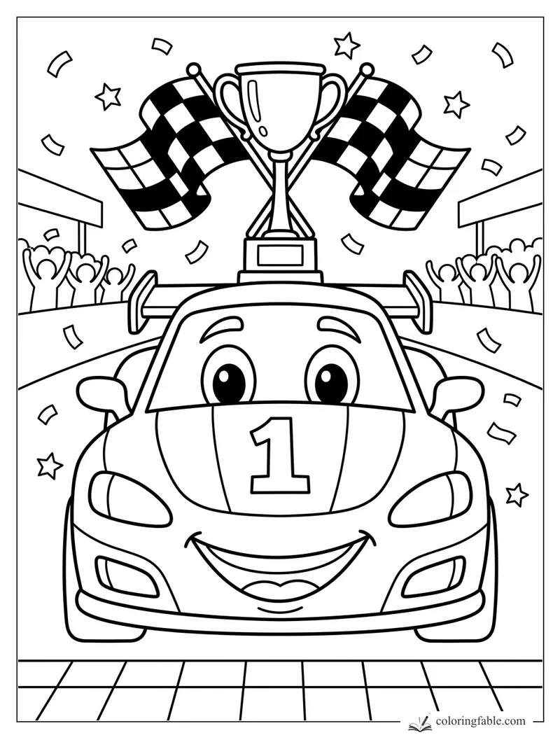 Cartoon number 1 race car smiling under a trophy, checkered flags, confetti, stars, and cheering fans.
