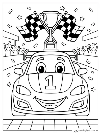Cartoon number 1 race car smiling under a trophy, checkered flags, confetti, stars, and cheering fans.