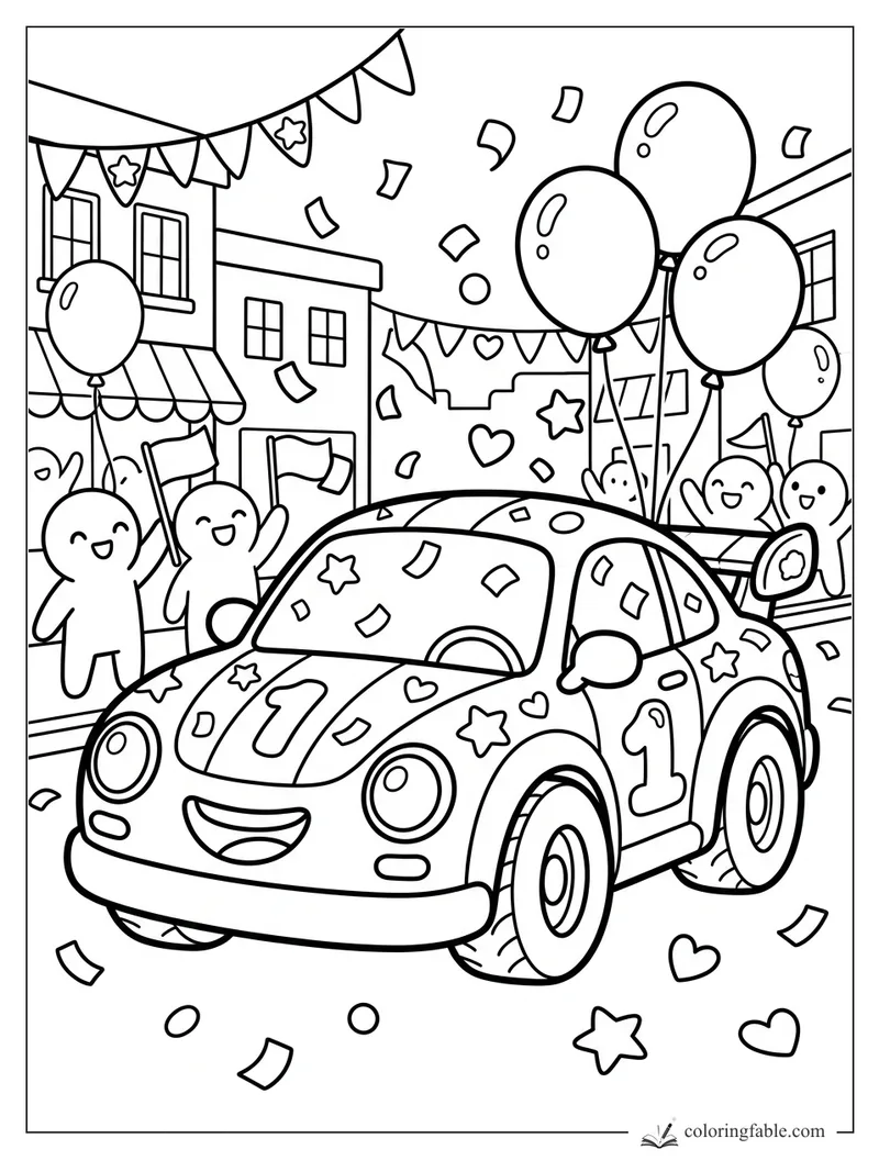 Kawaii number 1 race car smiling in a street parade with balloons, flags, cheering fans, and confetti