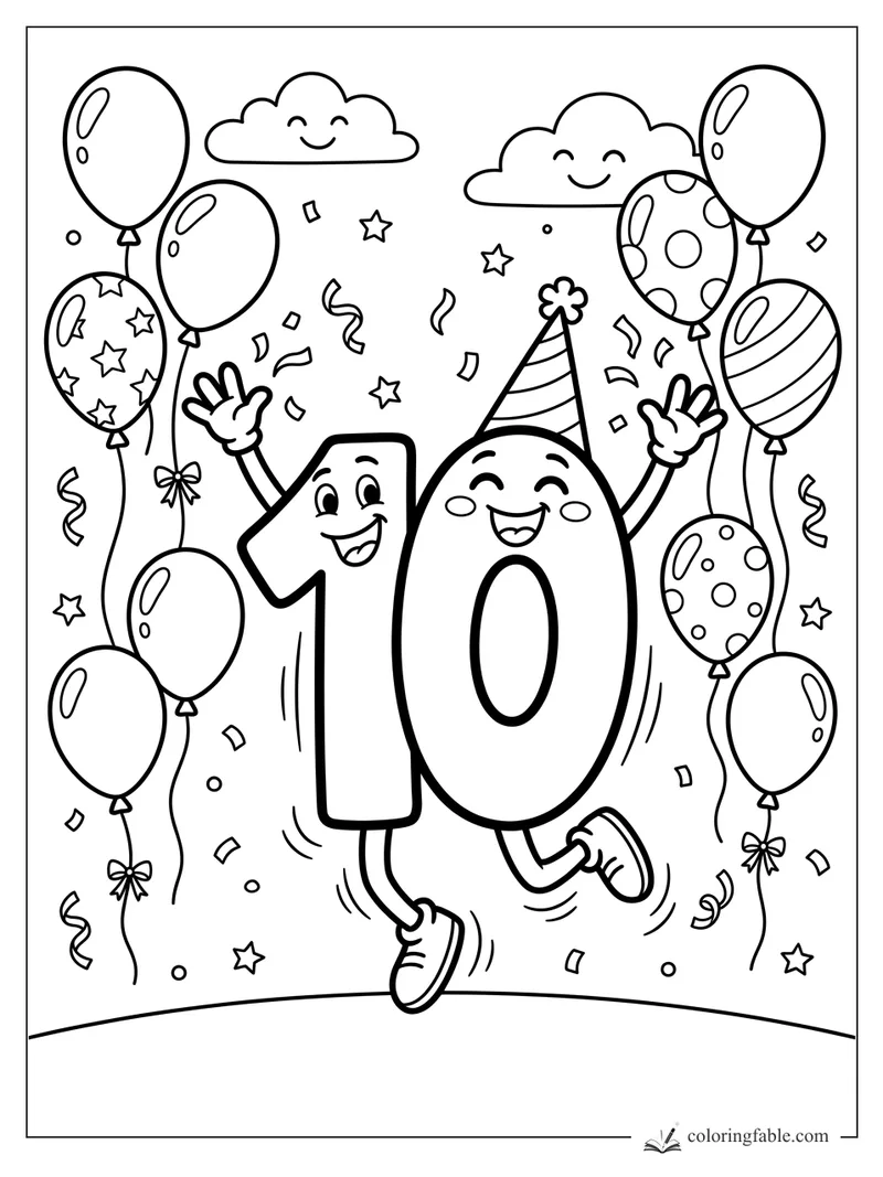 Cartoon number 10 jumping with balloons, confetti, stars, clouds, and a striped party hat.