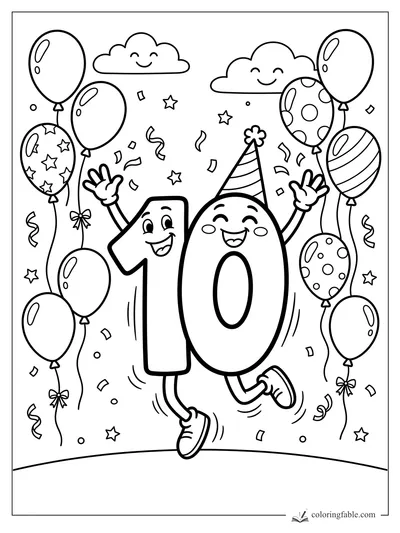 Cartoon number 10 jumping with balloons, confetti, stars, clouds, and a striped party hat.