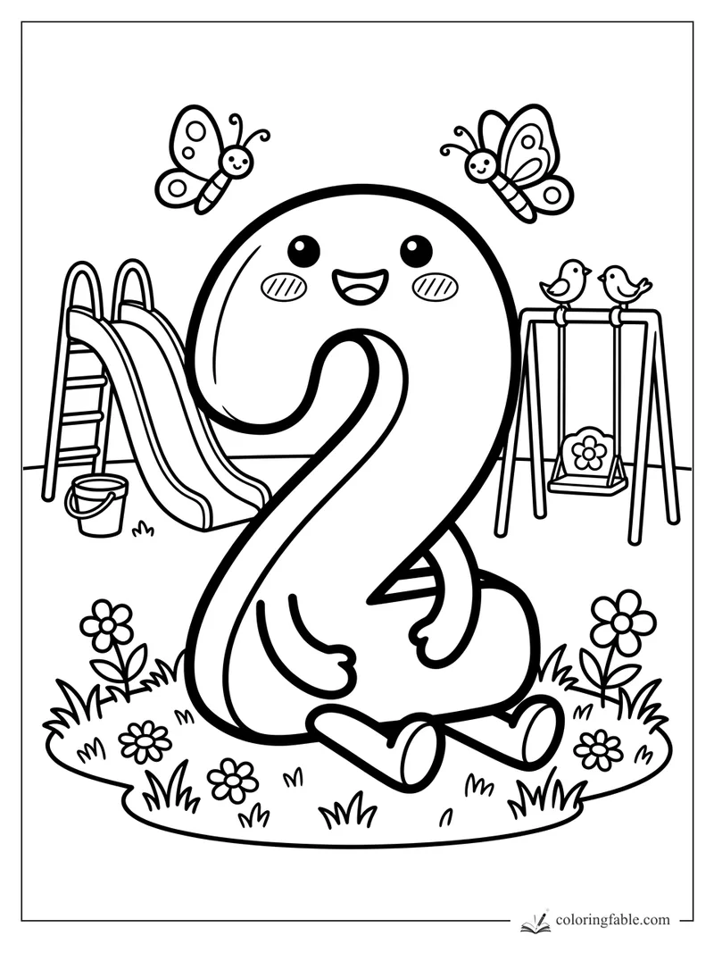 Kawaii number 2 smiling in a playground with slide, swing, birds, butterflies, flowers, and grass.