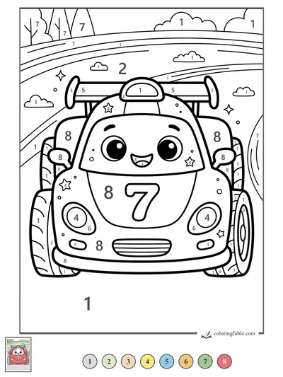 Smiling Number 7 Kawaii Race Car — color by number