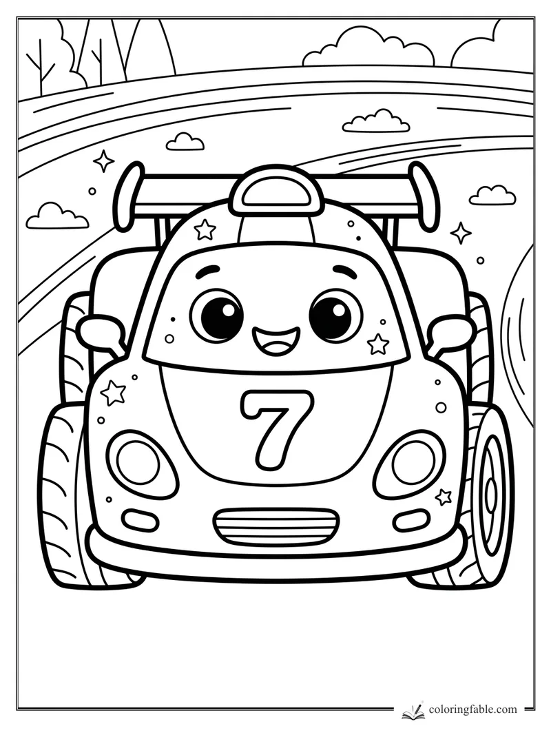 Kawaii number 7 race car with big eyes, star decals, rear wing, clouds, and curving track