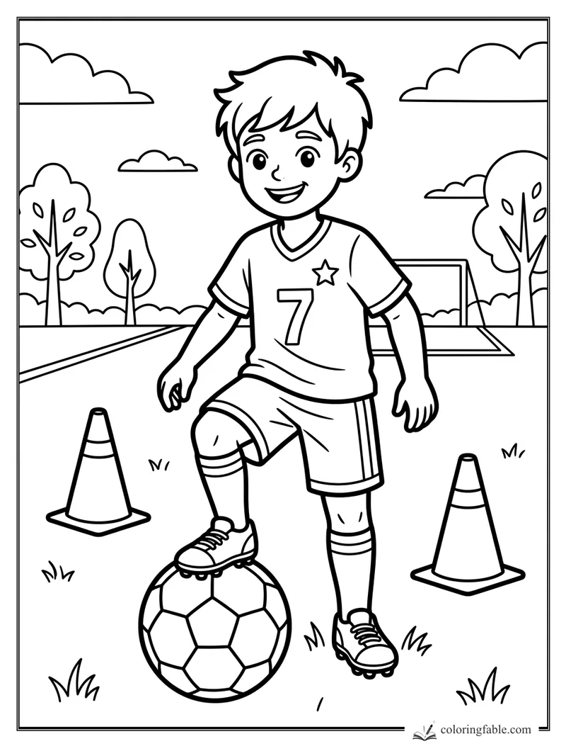 Smiling child in a number 7 soccer jersey resting one cleat on a ball between two cones.