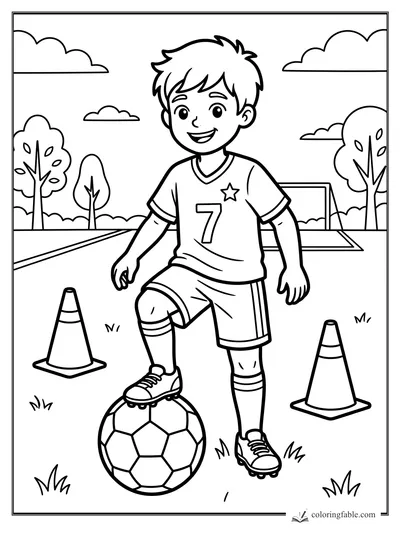 Smiling child in a number 7 soccer jersey resting one cleat on a ball between two cones.