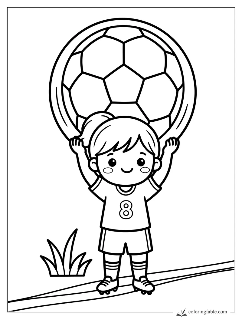 Kawaii soccer kid in a number 8 jersey holding a giant ball overhead beside a tuft of grass.