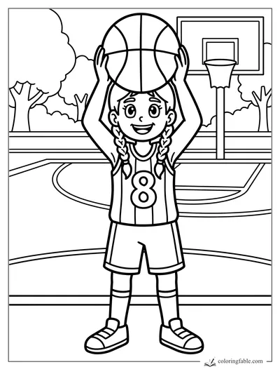 Girl in number 8 jersey holds a basketball overhead on an outdoor court with hoop and trees.