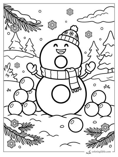 Cartoon number 8 snowman with hat, scarf, mittens, snowballs, pine trees, and falling snowflakes