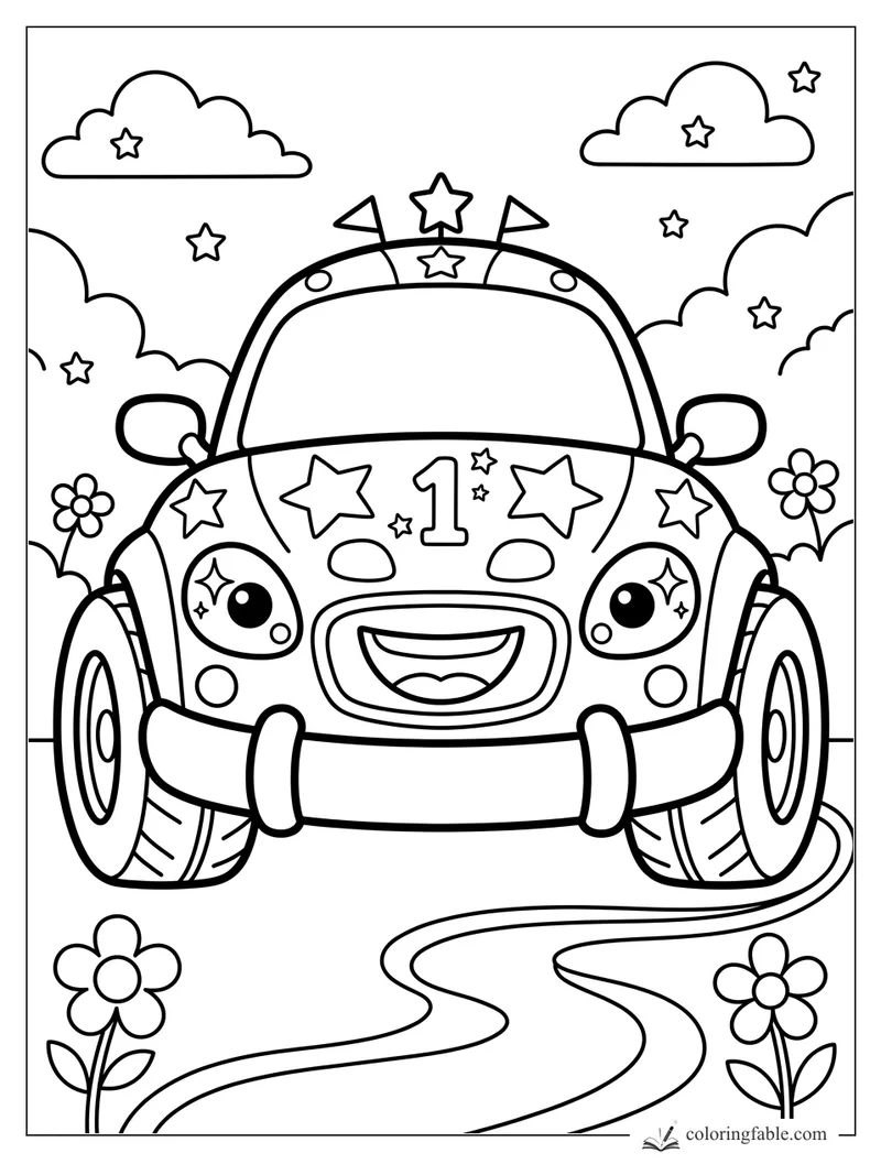 Kawaii race car with number 1, star decals, flowers, clouds, and a winding road