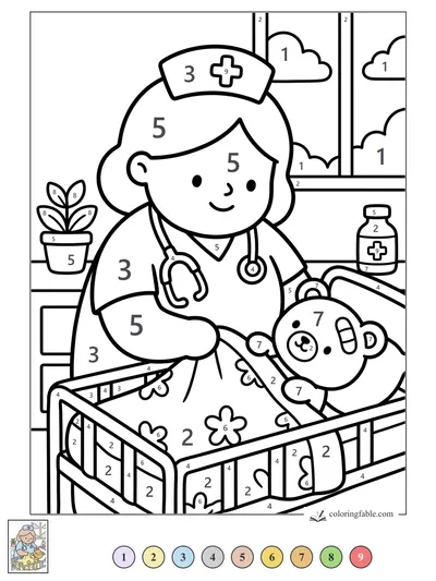 Smiling Nurse Tucks In a Teddy Bear Patient — color by number