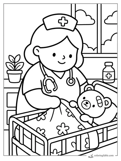 Nurse with stethoscope caring for a bandaged teddy bear in a hospital bed by a window.