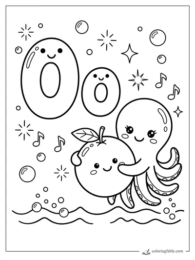 Kawaii letter O coloring page with smiling octopus, orange, bubbles, music notes, and stars