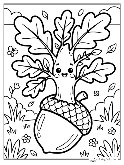 Kawaii oak sprout smiling from an acorn cup with big leaves, flowers, grass, butterfly, and falling leaves