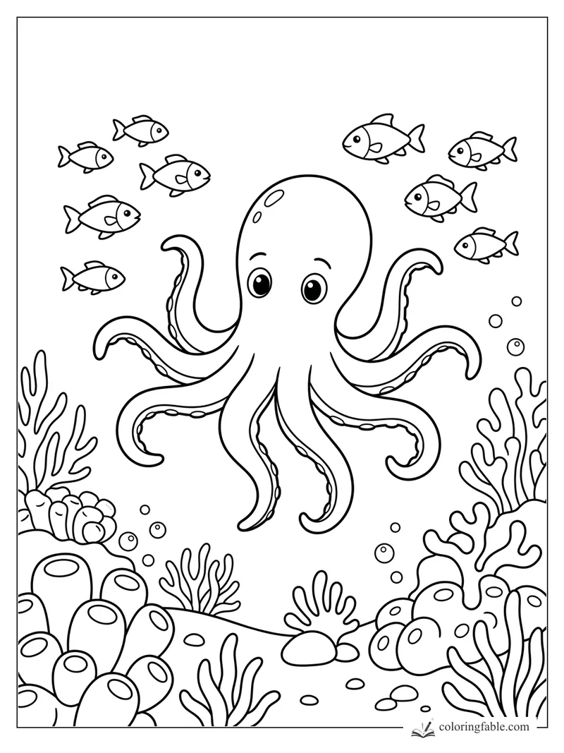 Smiling octopus with curling tentacles, small fish, bubbles, coral, and sea sponges coloring page