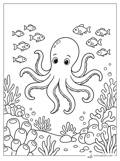 Smiling octopus with curling tentacles, small fish, bubbles, coral, and sea sponges coloring page