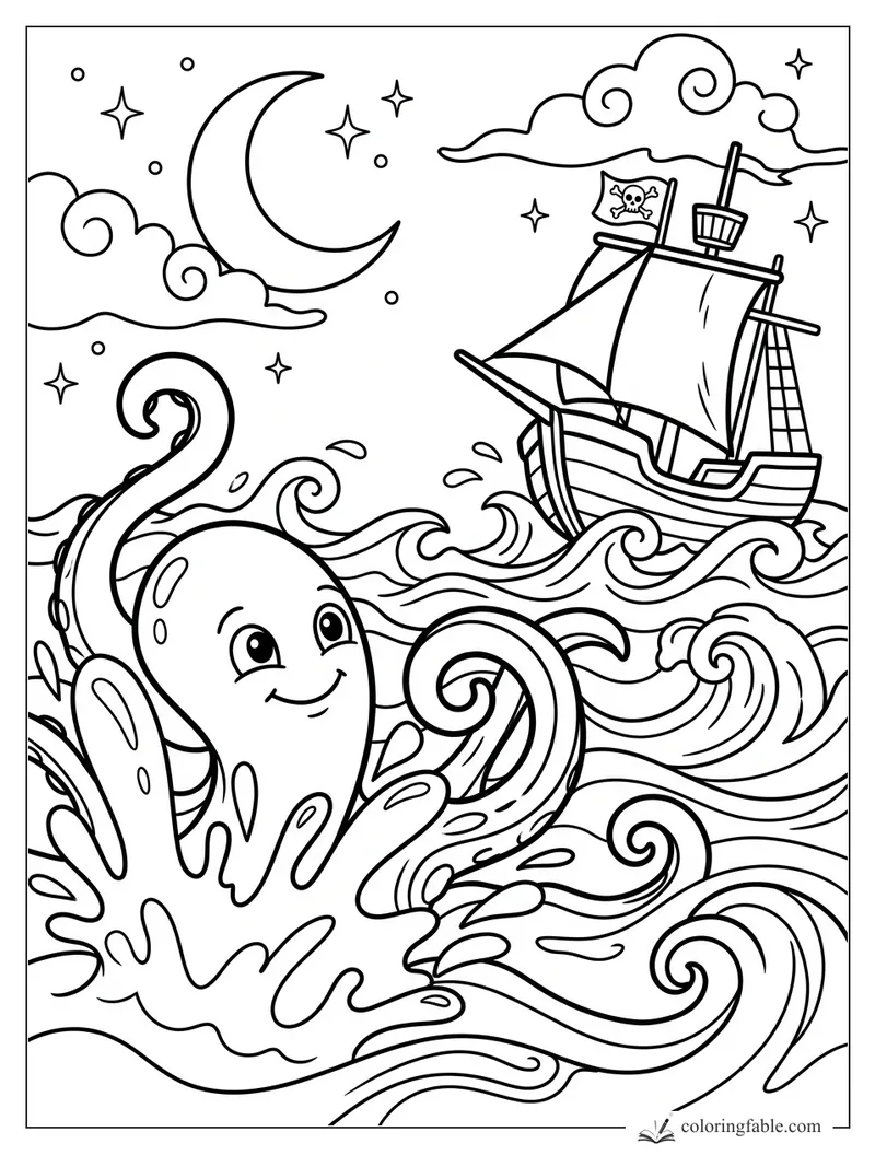 Cartoon octopus in curling waves with a pirate ship, crescent moon, stars, and swirly clouds