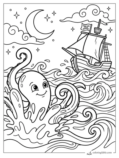 Cartoon octopus in curling waves with a pirate ship, crescent moon, stars, and swirly clouds