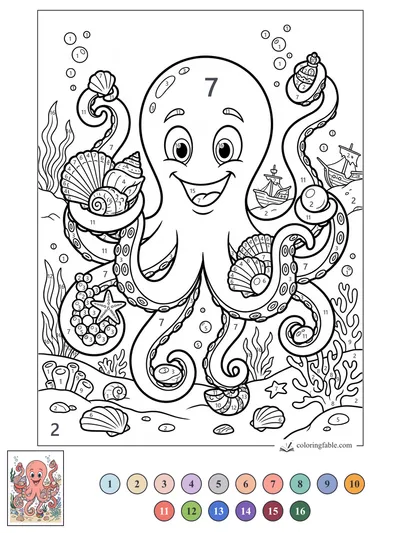 Smiling Octopus Gathering Shells and Tiny Ships — color by number