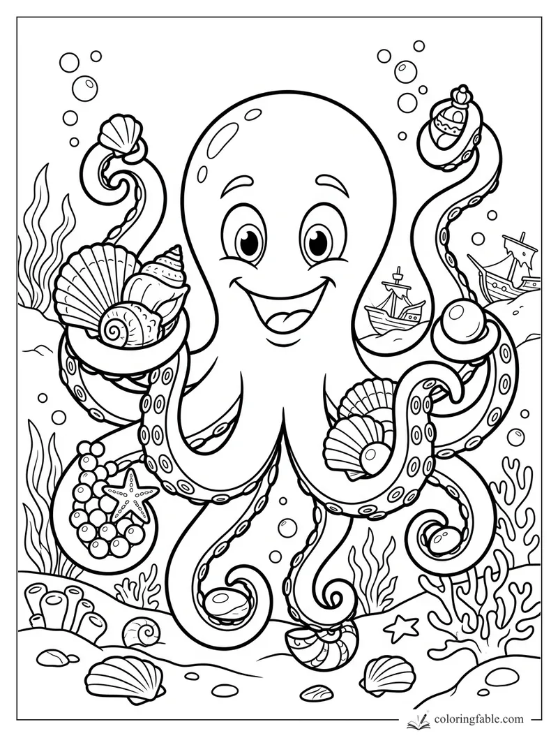 Smiling cartoon octopus holding seashells, pearls, tiny ships, and bubbles on a coral seafloor.